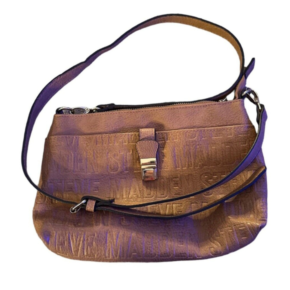 Steve Madden Caramel Faux Leather Bold Embossed Logo‎ Zip CrossBody Handbag - Picture 1 of 9